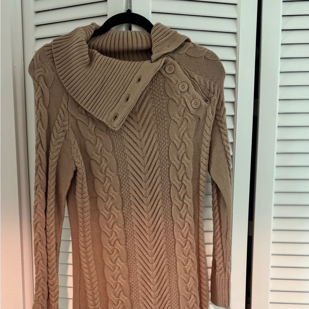 Cable Knit Sweater Dress with Button Collar